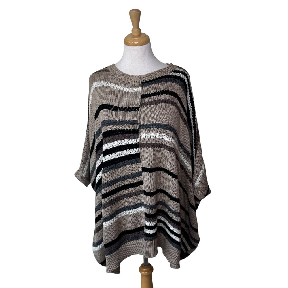 COTTON by Autumn Cashmere Striped Poncho Short Sleeve Sweater One Size